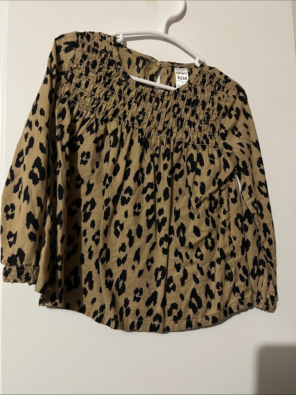 Carter's Tan and Black Leopard Smocked Long-Sleeve Blouse